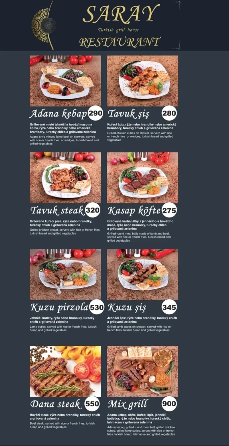 Saray restaurant — jídelní lístek strana 1